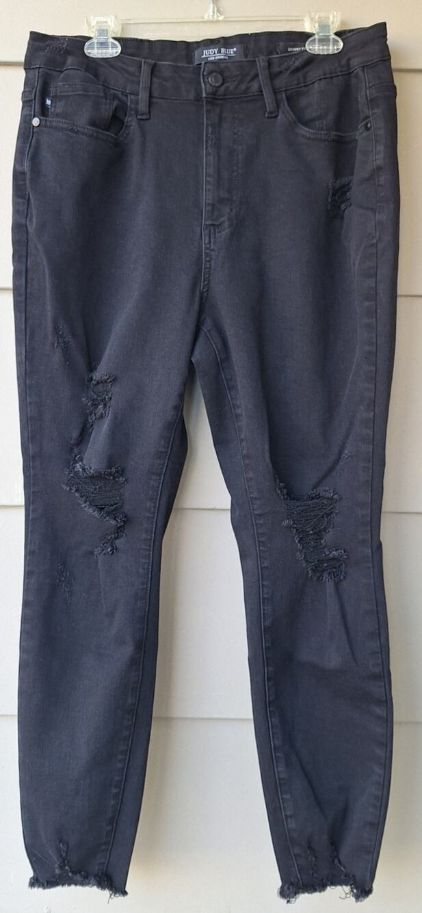 Judy Blue Skinny Ft Distressed Black Jeans Size 16W Stretch Frayed Hems Ankle